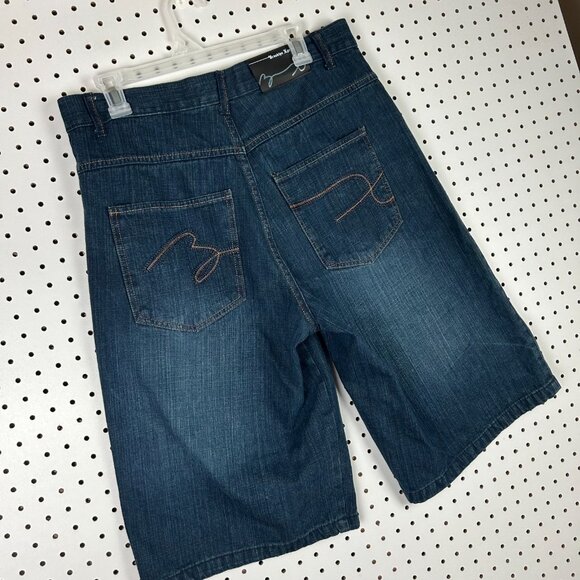 Brooklyn Xpress Dark Wash Jorts Size 34 Blue Jean Denim Embroidered Skater Punk - Picture 2 of 7